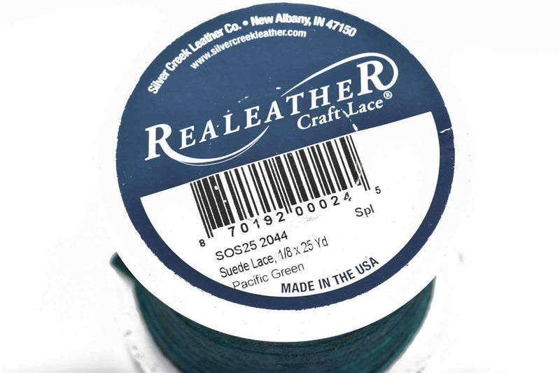 1/8" Suede Leather Lace, PACIFIC GREEN, Peacock Teal Blue, real leather by the yard, Realeather made in USA, 3mm wide, 25 yards, Lth0018