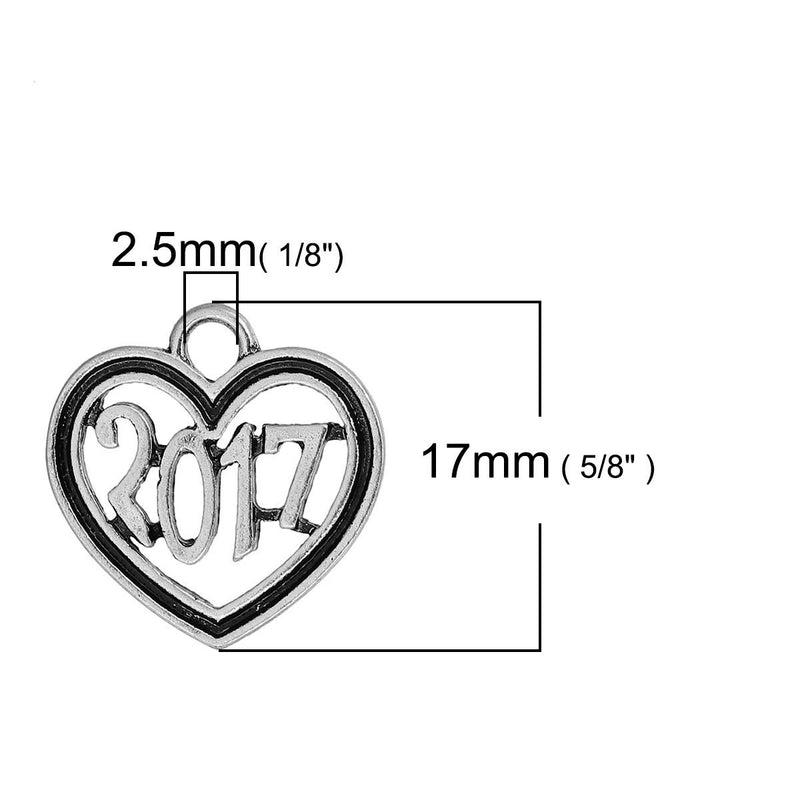 10 pcs 2017 Filigree Heart Silver Tone Charm Pendants, 17mm, Class of 2017 graduation charm, senior gift, chs2769