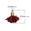 5 pcs DARK WINE Red Maroon Flower Rose Opaque Polyester Fabric Tassel Charm Pendants, gold plated base 27mm long (about 1-1/8") cho0176