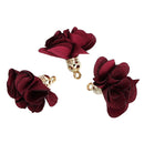 5 pcs DARK WINE Red Maroon Flower Rose Opaque Polyester Fabric Tassel Charm Pendants, gold plated base 27mm long (about 1-1/8") cho0176
