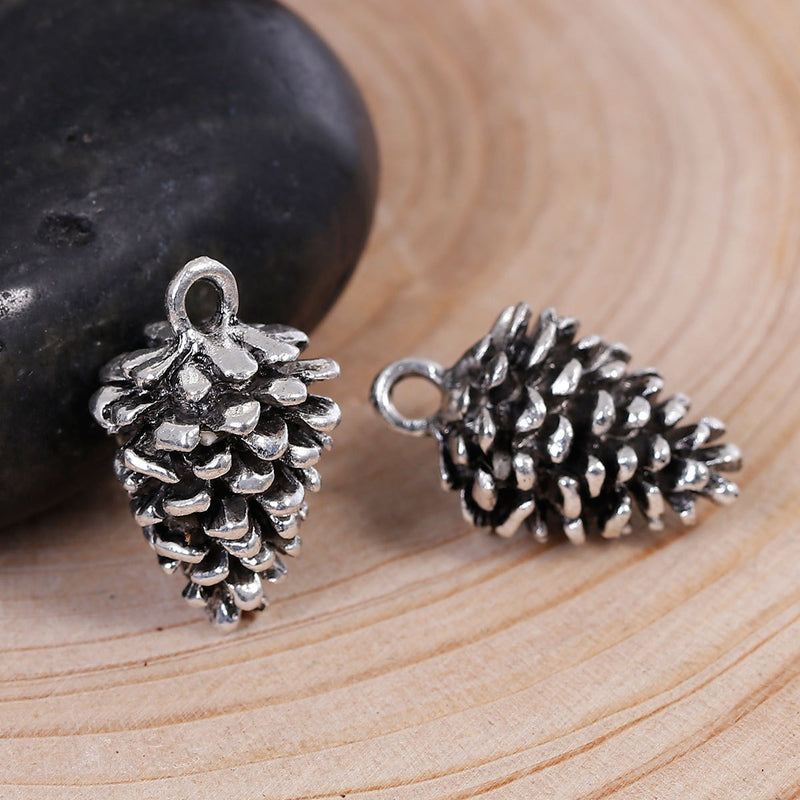 10 PINE CONE Silver Charm Pendants, Pinecones, Evergreen Pine Tree, 20x12mm, chs2768