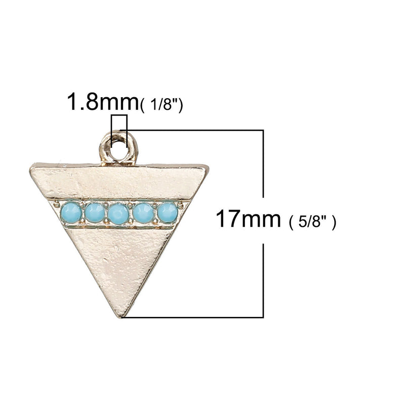 5 Gold-Plated Geometric Triangle Charm Pendants with faux turquoise rhinestones, 17x16mm, chg0546