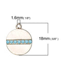 5 Gold-Plated Circle Disc Charm Pendants with faux turquoise rhinestone band, 15mm dia, chg0544