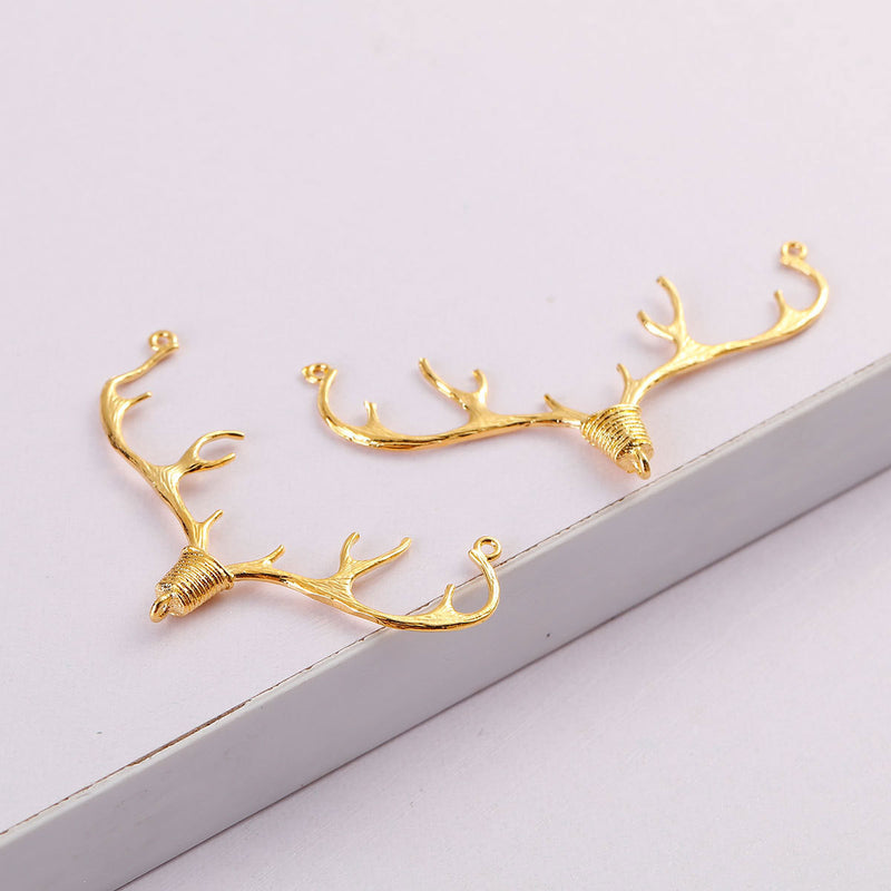 1 DEER STAG Antler Gold Plated Charm Pendant Connector, Nature Animal Charm, 10 point Buck, 1-3/4" wide chg0548