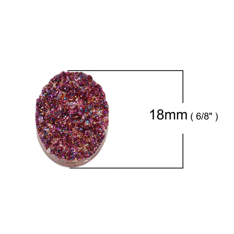 10 Round Oval Resin Metallic HOT PINK Purple Magenta Druzy Cabochons, faux glitter druzy, 18x13mm, cab0527