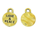 10 Small Gold Tone LOVE & PEACE Charm Tag Pendants, dot charms, stamped words, stamped quote, hammered textured metal, chg0552