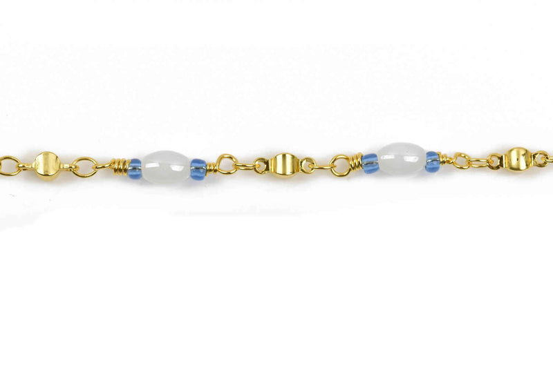 1 yard (3 feet) BLUE and WHITE Glass Rosary Bead Chain, gold double wrapped wire, 6mm oval glass beads, fch0582a