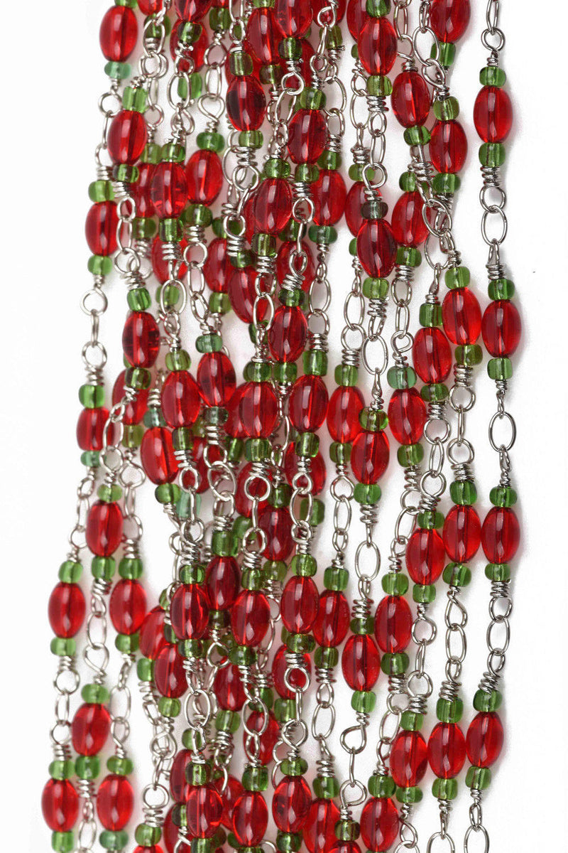 1 yard (3 feet) RED and GREEN Glass Rosary Bead Chain, silver double wrapped wire, 6mm oval glass beads, fch0581a