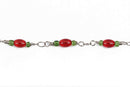 1 yard (3 feet) RED and GREEN Glass Rosary Bead Chain, silver double wrapped wire, 6mm oval glass beads, fch0581a