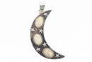 CRESCENT MOON Pendant, Silver moon with stars and white faux turquoise cabochons, textured metal, 3-1/8" tall chs2876