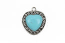2 HEART Charms, Silver and Faux Turquoise Heart Charms, 25mm wide, chs2873