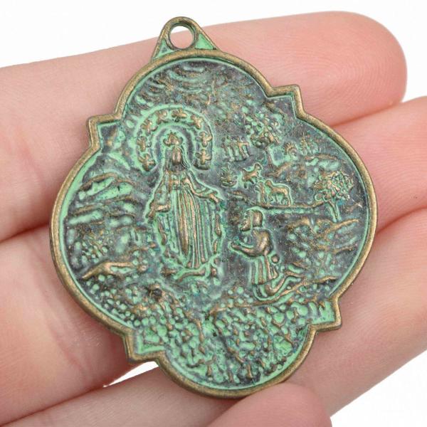 4 Bronze Patina Relic Charm Pendants, religious medal coin charms with green verdigris patina, double sided design, 40x34mm, chs2879