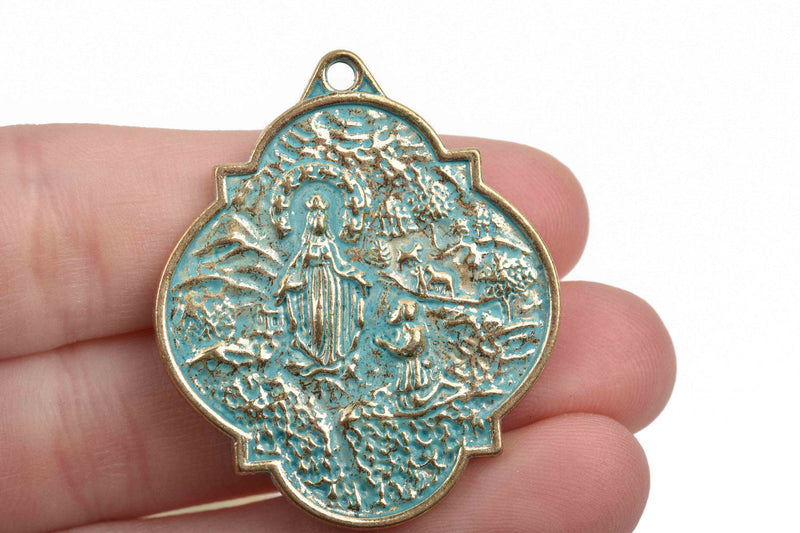 4 Light Gold Patina Relic Charm Pendants, religious medal coin charms with green verdigris patina, double sided design, 40x34mm, chs2878