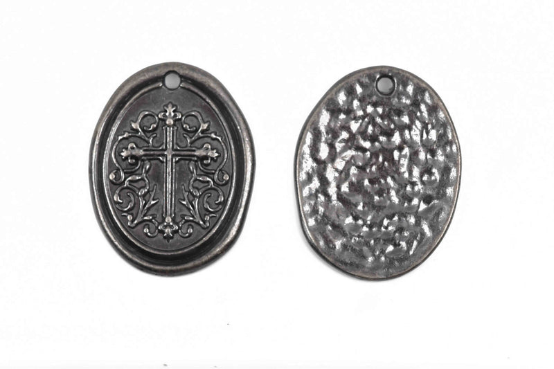 5 Gunmetal Cross Relic Charm Pendants, wax seal style, oval coin charms, Gunmetal plated metal, double sided design, 27x21mm, chs2875