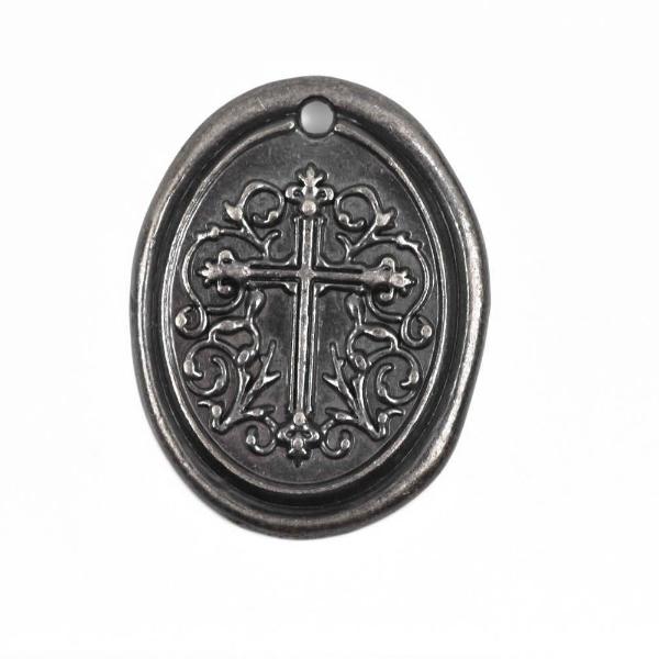 5 Gunmetal Cross Relic Charm Pendants, wax seal style, oval coin charms, Gunmetal plated metal, double sided design, 27x21mm, chs2875
