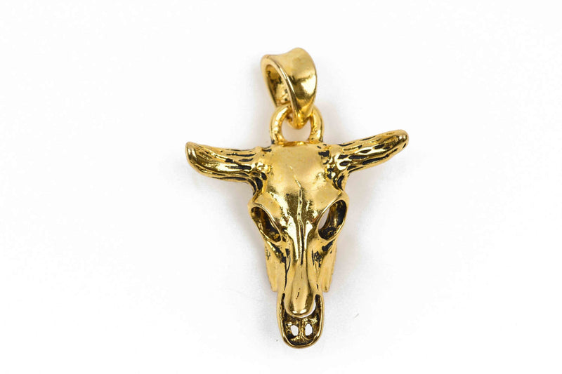 2 Gold Metal Longhorn COW SKULL Charms or Pendants, Steer Skull Pendant, 42x30mm, chs2883