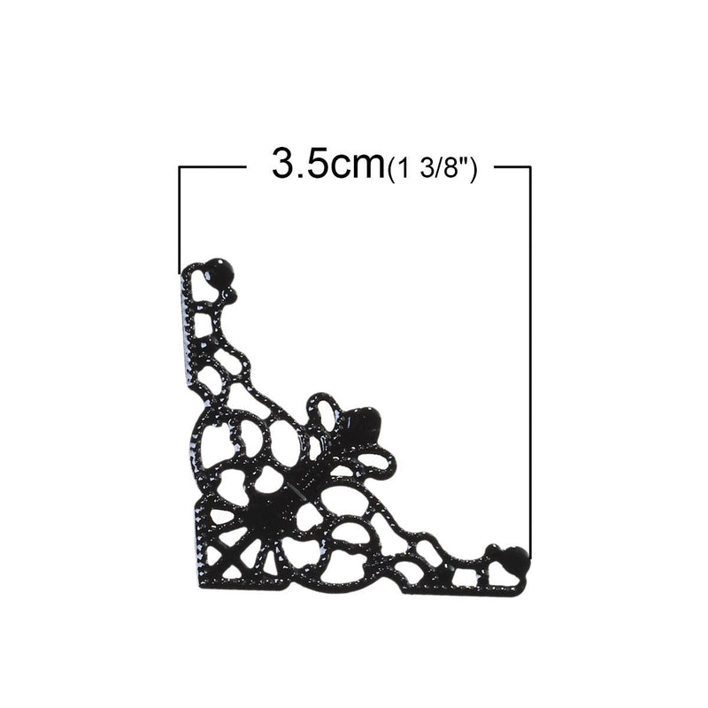 30 JET BLACK Filigree Flat Metal Triangle Findings, box frame corner embellishment, filigree wrap, 35mmx35mm, 1-3/8" fil0070