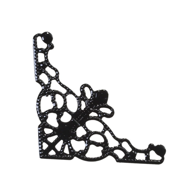 30 JET BLACK Filigree Flat Metal Triangle Findings, box frame corner embellishment, filigree wrap, 35mmx35mm, 1-3/8" fil0070