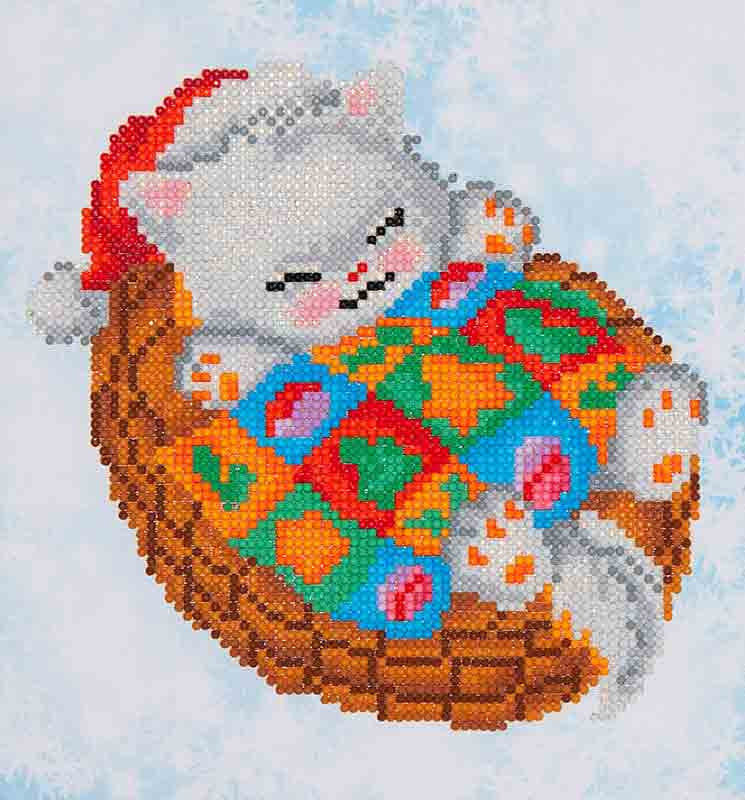 Rhinestone Painting Kit, SNUG CHRISTMAS KITTY, Diamond Dotz Diamond Embroidery, Diamond Facet Art, Bling Wall Art, 9"x9.8" canvas kit0082