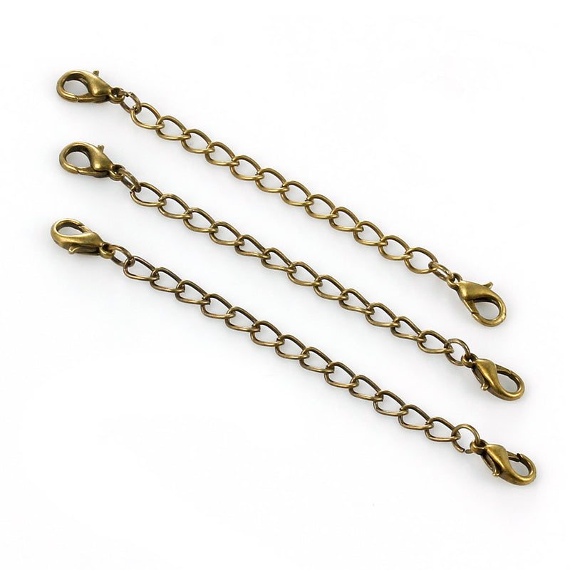 10 Necklace Extension Chains, about 3" long bronze tone metal, curb link extender chain, lobster clasps on each end,  fcl0221