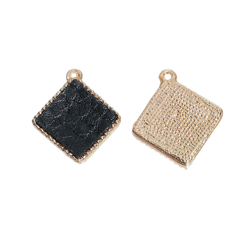 5 Gold-Plated Diamond Rhombus Square Charm Pendants with JET BLACK Faux Leather Cabochon, 16mm, chs2937