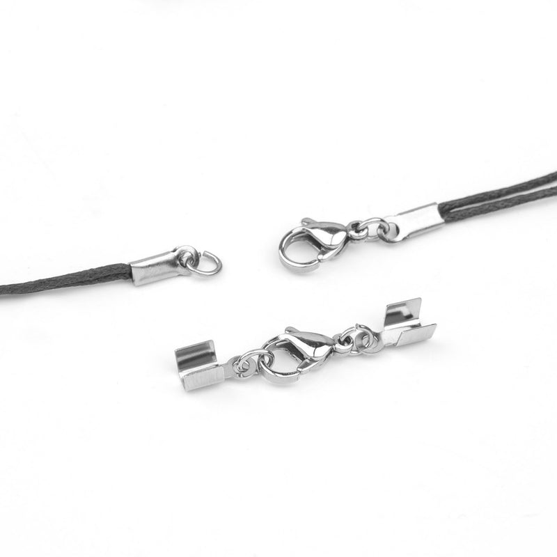 10 Stainless Steel Silver Cord End Crimp Caps with lobster clasp, fits 2.5mm cord, leather, fcl0222