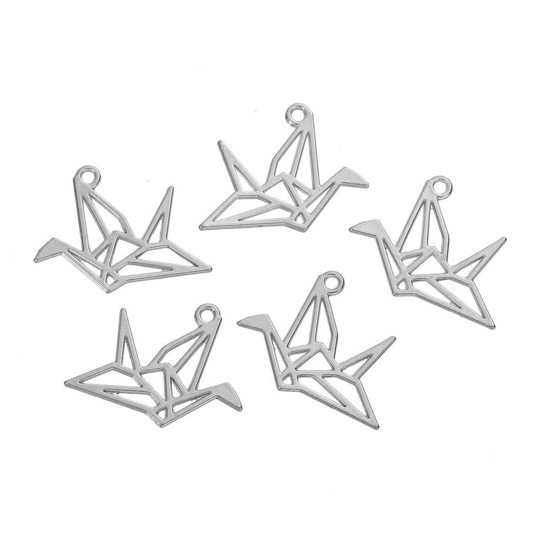 10 Silver Tone ORIGAMI PAPER Crane Charms, Outline Filigree Minimalist Charm Pendants, 29x23mm, chs2778