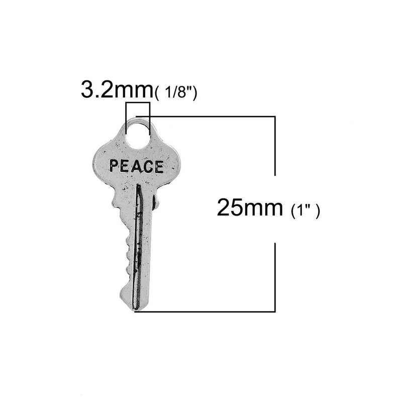 10 Small Silver PEACE KEY Charms, Antiqued Silver Metal with Peace stamped on one side, 25x12mm, chs2777