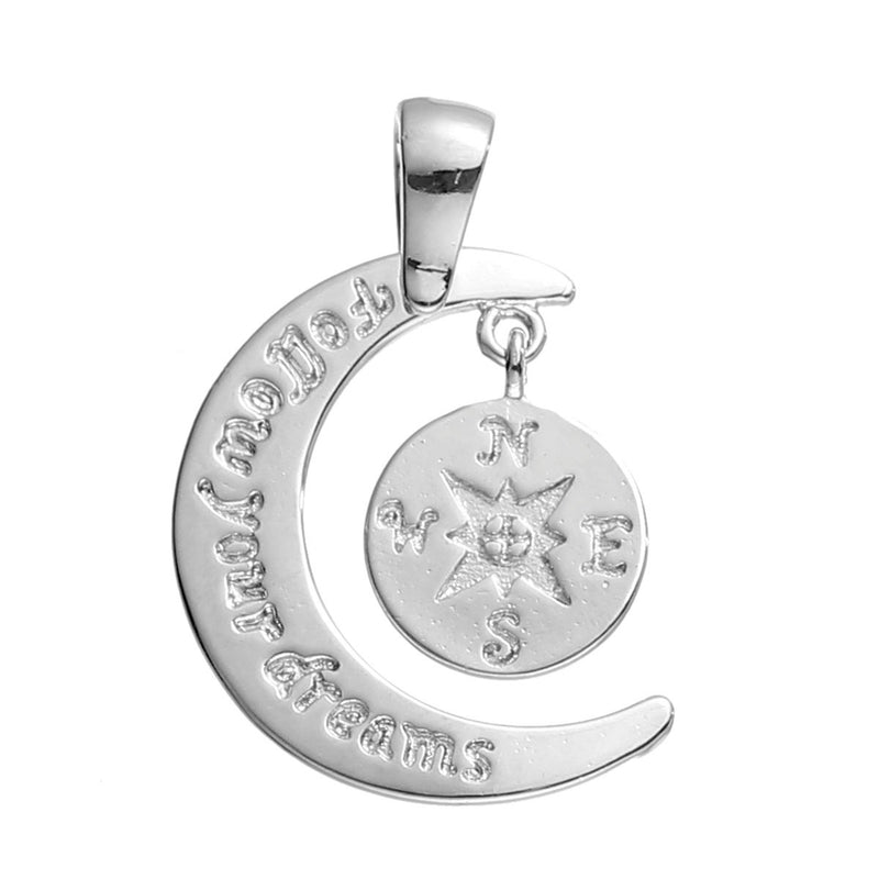 1 Crescent Moon and Compass "follow your dreams" Engraved Stamped Affirmation Pendant Silver Plated Dangle Charm with bail, chs2797