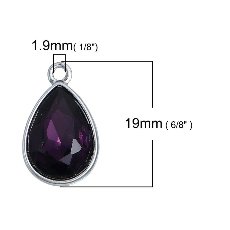 10 DARK PURPLE Amethyst Rhinestone Teardrop Drop Charms, Crystal Glass in Silver Tone Bezel, February Birthstone, 19x12mm, chs2785