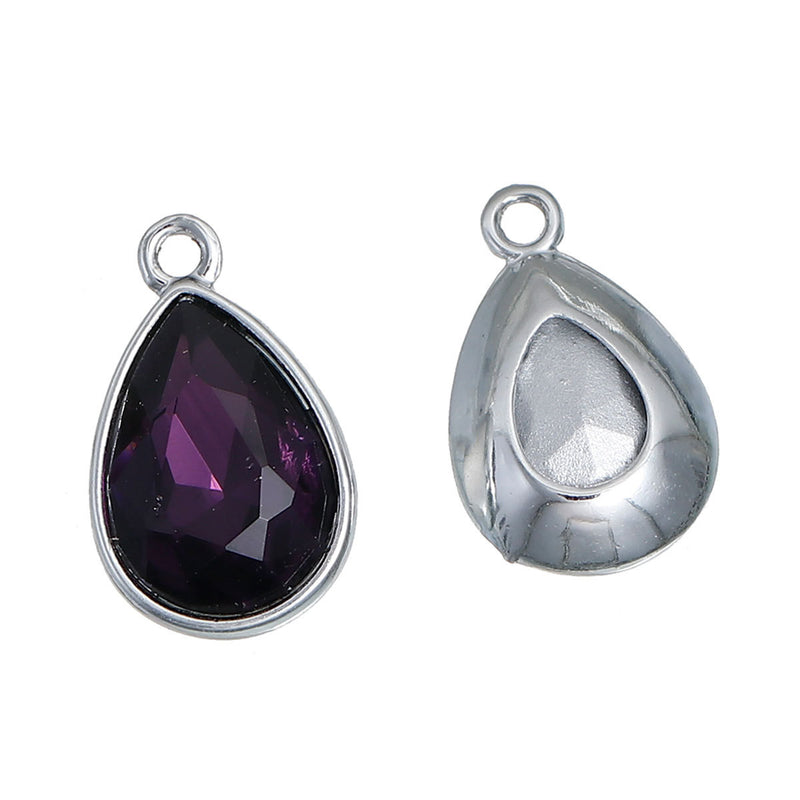 10 DARK PURPLE Amethyst Rhinestone Teardrop Drop Charms, Crystal Glass in Silver Tone Bezel, February Birthstone, 19x12mm, chs2785