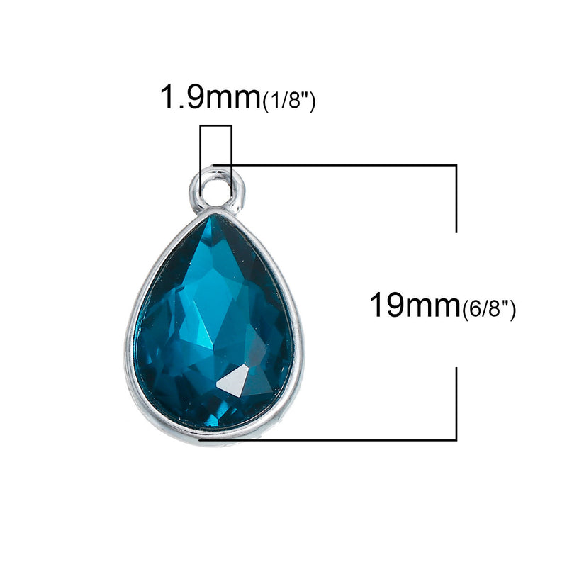 10 Zircon TEAL BLUE Rhinestone Teardrop Drop Charms, Crystal Glass in Silver Tone Bezel, December Birthstone, 19x12mm, chs2783