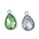 10 LIGHT PERIDOT Green Rhinestone Teardrop Drop Charms, Crystal Glass in Silver Tone Bezel, August Birthstone, 19x12mm, chs2786