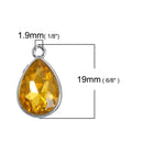 10 YELLOW CITRINE Topaz Rhinestone Teardrop Drop Charms, Crystal Glass in Silver Tone Bezel, November Birthstone, 19x12mm, chs2792