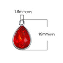 Ruby SIAM RED Rhinestone Teardrop Drop Charms, Crystal Glass in Silver Tone Bezel, July Birthstone, 19x12mm, chs2795