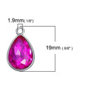 10 HOT TOURMALINE Pink Rhinestone Teardrop Drop Charms, Crystal Glass in Silver Tone Bezel, October Birthstone, 19x12mm, chs2793