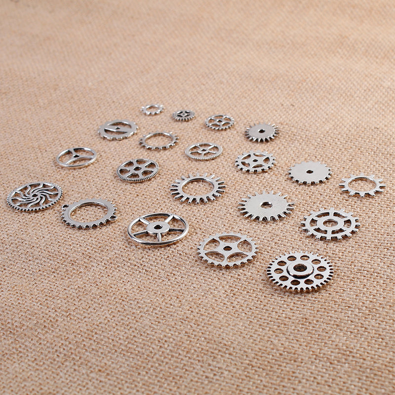 20 count Mixed Set STEAMPUNK GEAR Cog Silver Pewter Charm Pendants, faux watch parts, mixed styles and sizes, 12mm to 26mm, chs2790