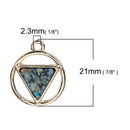 3 Gold Plated ARROWHEAD CIRCLE Hollow Geometric Pendant Charms, dark chatoyance imitation opal resin, gold plating, 17mm dia, chg0556