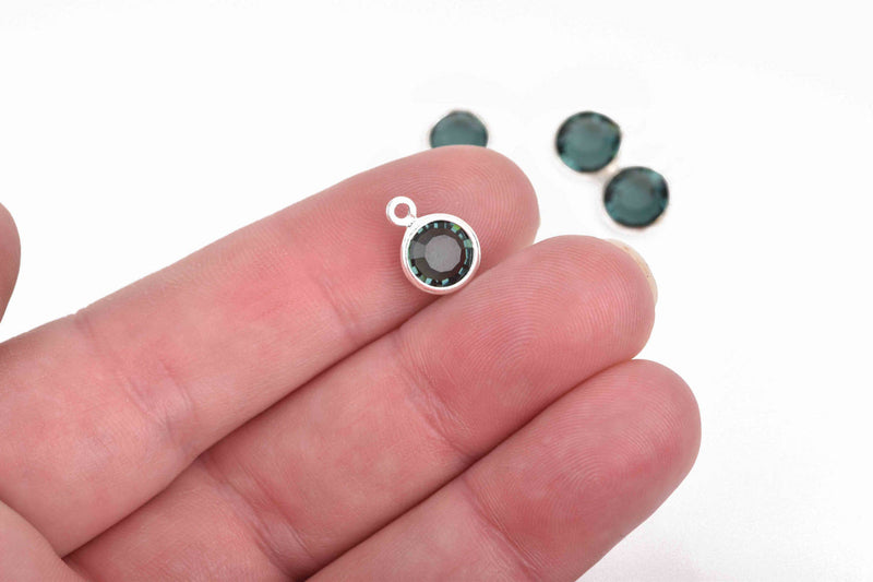 6 ZIRCON BLUE Rhinestone Faceted Circle Charms, 6mm Silver Drop Charms, Crystal Glass in Silver Plated Bezel, December Birthstone, chs2918