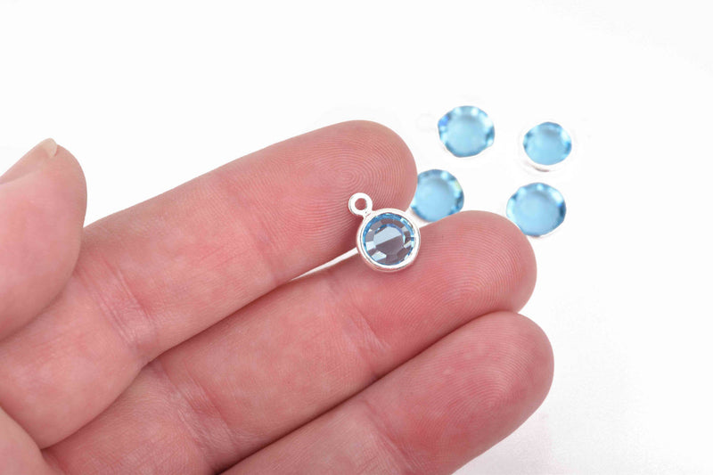 6 AQUAMARINE Light BLUE Rhinestone Faceted Circle Charms, 8mm Silver Drop Charms, Crystal Glass, Silver Bezel, March Birthstone, chs2921