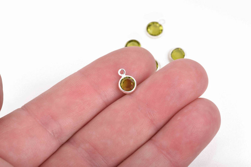 6 PERIDOT GREEN Rhinestone Faceted Circle Charms, 6mm Silver Drop Charms, Crystal Glass in Silver Plated Bezel, August Birthstone, chs2927