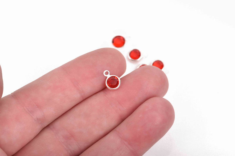 6 Bright RUBY RED Rhinestone Faceted Circle Charms, 6mm Silver Drop Charms, Crystal Glass in Silver Plated Bezel, July Birthstone, chs2931
