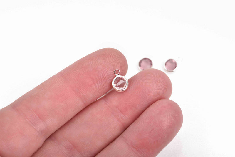 6 Alexandrite TANZANITE PINK RHINESTONE Faceted Circle Charms, 6mm Silver Drop Charms, Crystal Glass in Bezel, June Birthstone, chs2933