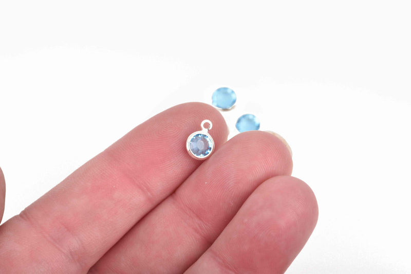 6 AQUAMARINE Light BLUE Rhinestone Faceted Circle Charms, 6mm Silver Drop Charms, Crystal Glass in Bezel, March Birthstone, chs2932