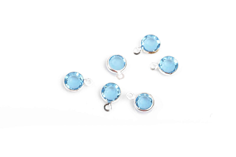 6 AQUAMARINE Light BLUE Rhinestone Faceted Circle Charms, 6mm Silver Drop Charms, Crystal Glass in Bezel, March Birthstone, chs2932