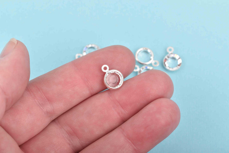 6 CLEAR FACETED Rhinestone Circle Charms, 6mm Silver Drop Charms, Crystal Glass in Silver Plated Bezel, April Birthstone, chs2935