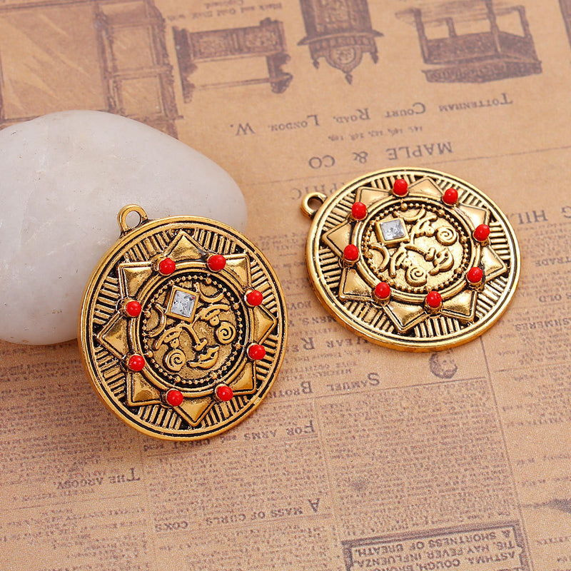 3 Gold Tone SUN FACE Charms Pendant with clear rhinestone and siam red accents, carved engraved design, 30mm, chg0555