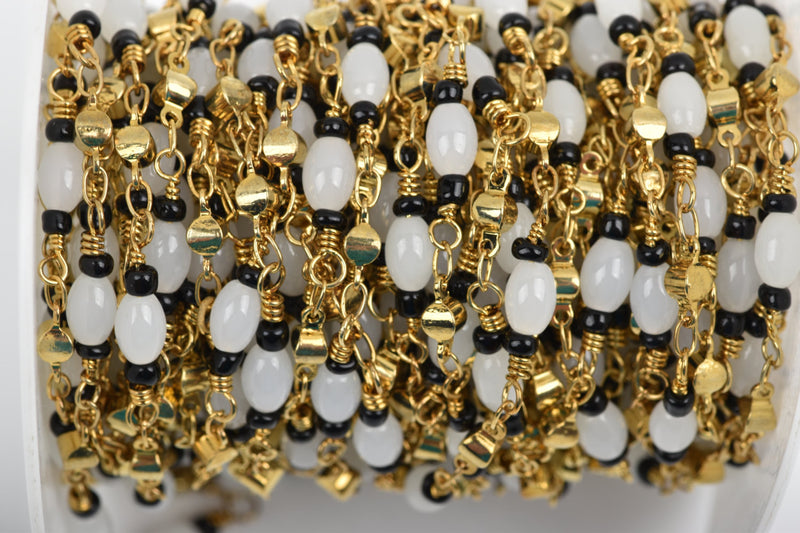 1 yard (3 feet) BLACK and WHITE Glass Rosary Bead Chain, gold double wrapped wire, 6mm oval glass beads, fch0558a