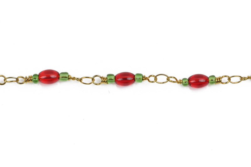 1 yard (3 feet) RED and GREEN Glass Rosary Bead Chain, gold double wrapped wire, 6mm oval glass beads, fch0559a