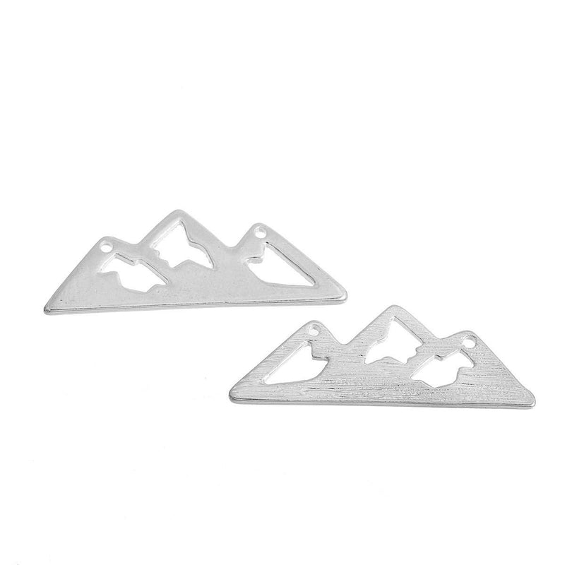 10 Silver Plated Hollow MOUNTAIN PEAKS RANGE adventure charms, two-hole connector charm pendants, camping, landscape, skiing, chs2803